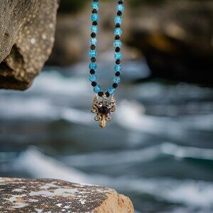 Dragon w Blue crackle glass Necklace